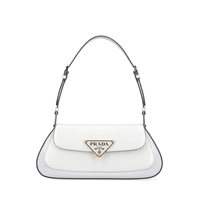 Sac Pr@da porté épaule en vrai cuir verni Blanc