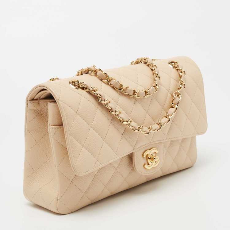 Ch@nel Beige Quilted Caviar  Medium Classic Double Flap Bag