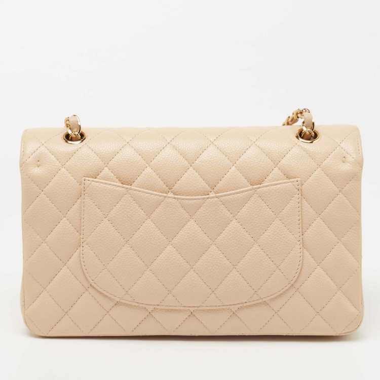 Ch@nel Beige Quilted Caviar  Medium Classic Double Flap Bag