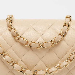Ch@nel Beige Quilted Caviar  Medium Classic Double Flap Bag