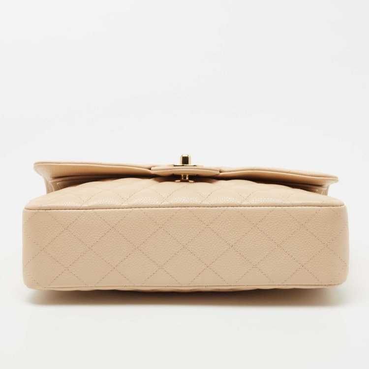Ch@nel Beige Quilted Caviar  Medium Classic Double Flap Bag