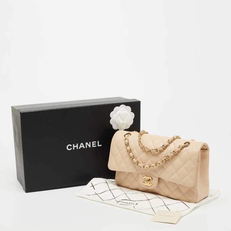 Ch@nel Beige Quilted Caviar  Medium Classic Double Flap Bag
