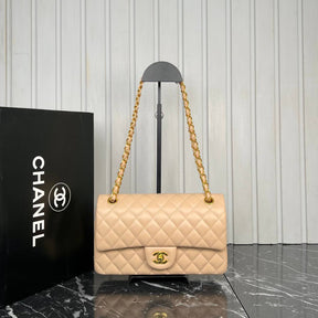 Ch@nel Beige Quilted Caviar  Medium Classic Double Flap Bag