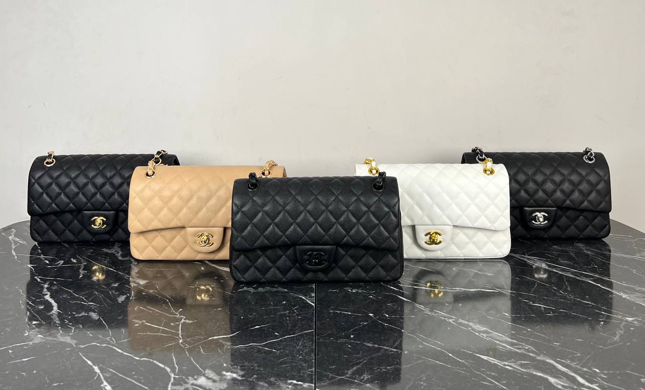 Ch@nel Beige Quilted Caviar  Medium Classic Double Flap Bag
