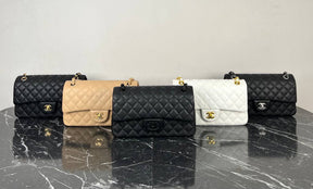 Ch@nel Beige Quilted Caviar  Medium Classic Double Flap Bag
