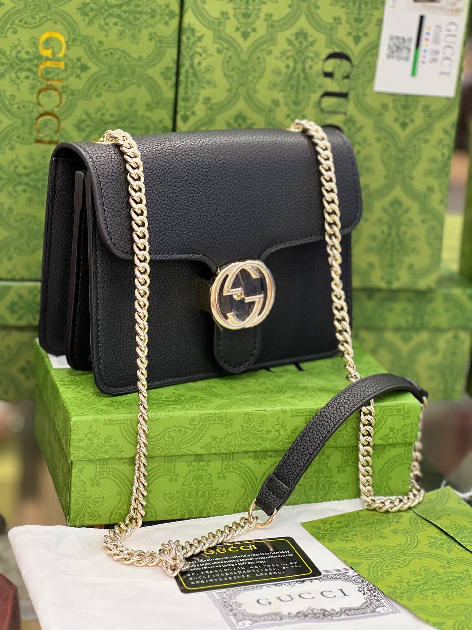 GG Sac Borsa a Mano Nera Donna Pelle Dollar Calf Logo Mod.