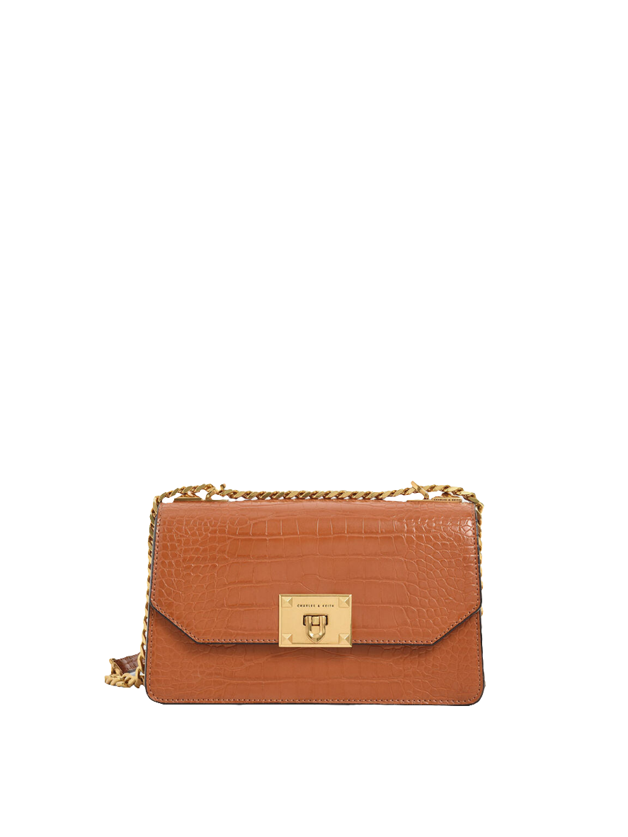 Sac bandoulière chaîne effet croco - Cognac