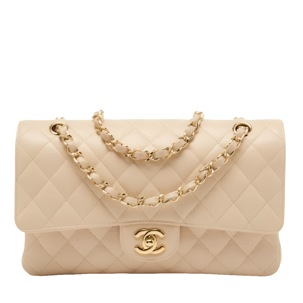 Ch@nel Beige Quilted Caviar  Medium Classic Double Flap Bag
