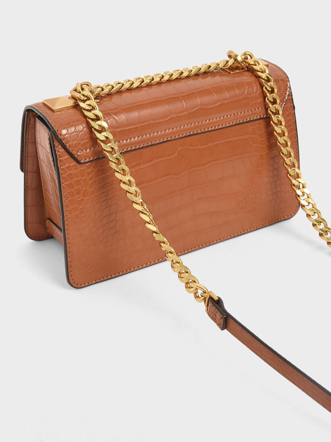 Sac bandoulière chaîne effet croco - Cognac
