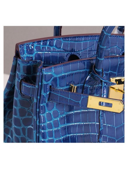 Sac à main poignée avec cadenas en véritable verni effet croco