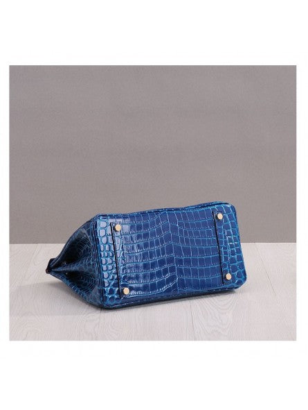 Sac à main poignée avec cadenas en véritable verni effet croco