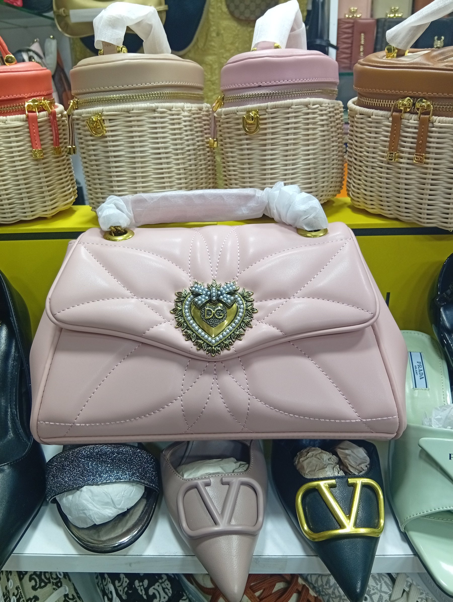 Sac bandoulière moyen DEVOTION DG Logo Pearl Heart Rose bebe