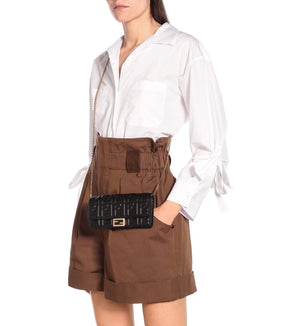 Fêndï Continental Baguette Noir Nappa Gaufré FF Portefeuille sur Chaîne