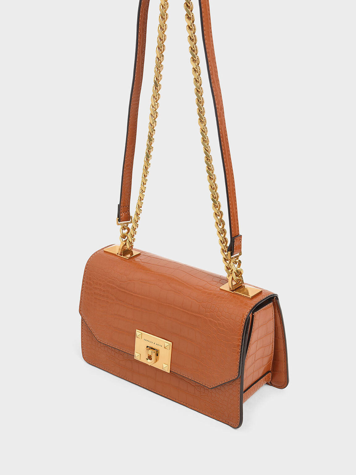Sac bandoulière chaîne effet croco - Cognac