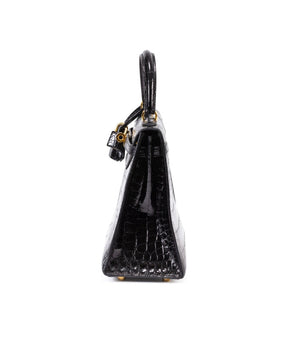 HRMS Sac Kelly 28 Sellier en alligator Mississippiensis noir brillant