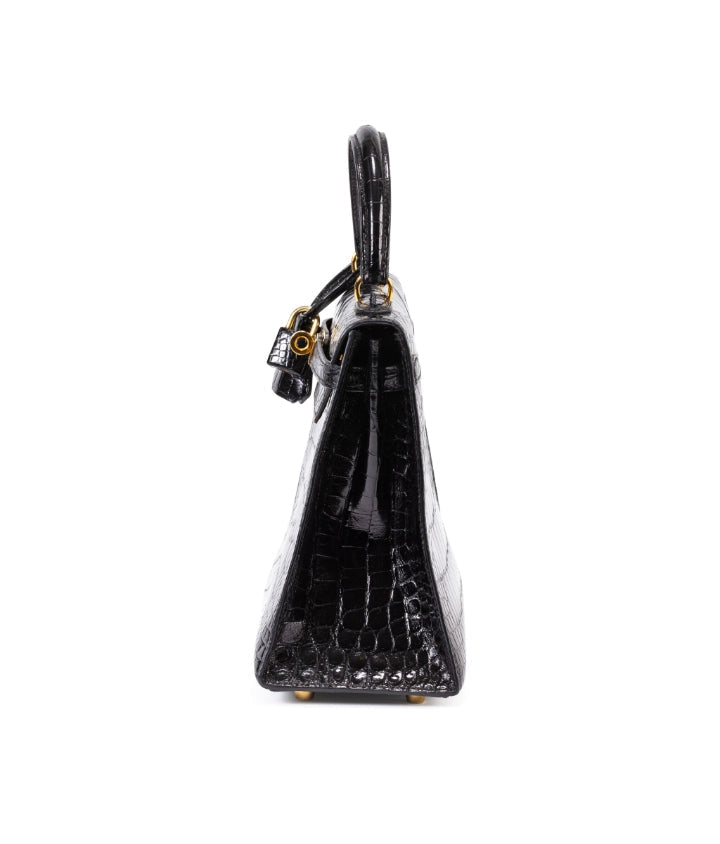 HRMS Sac Kelly 28 Sellier en alligator Mississippiensis noir brillant