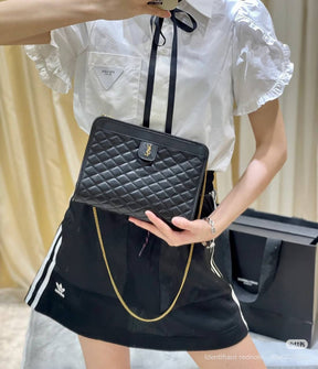 YSL Black Quilted Logo Victoire Shoulder Bag