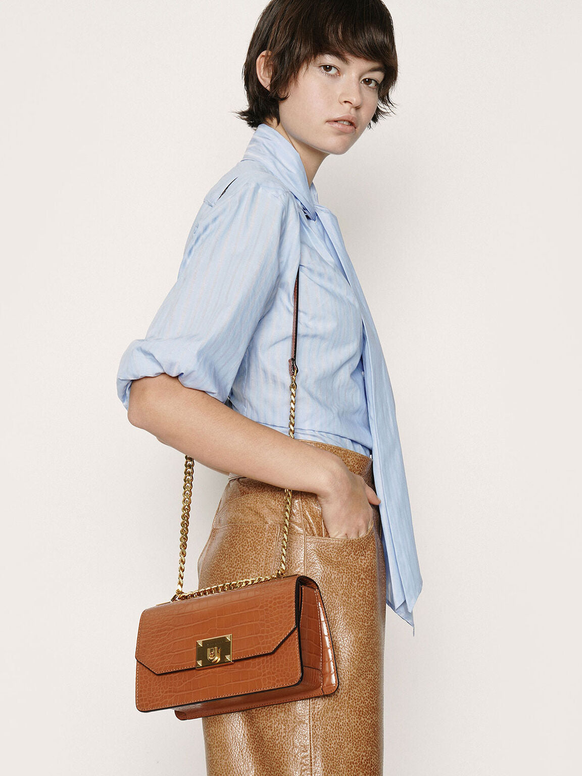 Sac bandoulière chaîne effet croco - Cognac