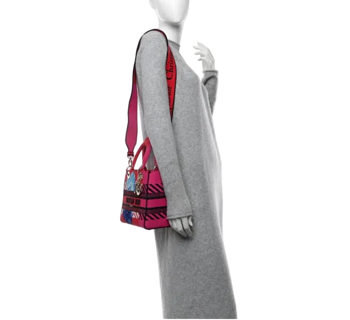 Christian Dior Sac Lady D-Lite Medium en toile brodée motif fleurs Pop – Rouge et rose