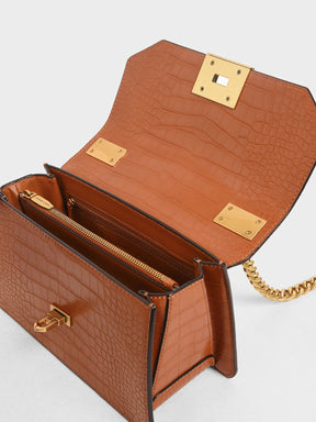Sac bandoulière chaîne effet croco - Cognac