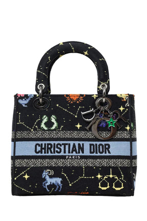 Sac Lady D-Lite moyen modèle Christian Dior 2022 en toile noire brodée du motif Pixel Zodiac, avec bandoulière.