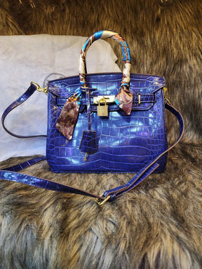 Sac à main poignée avec cadenas en véritable verni effet croco